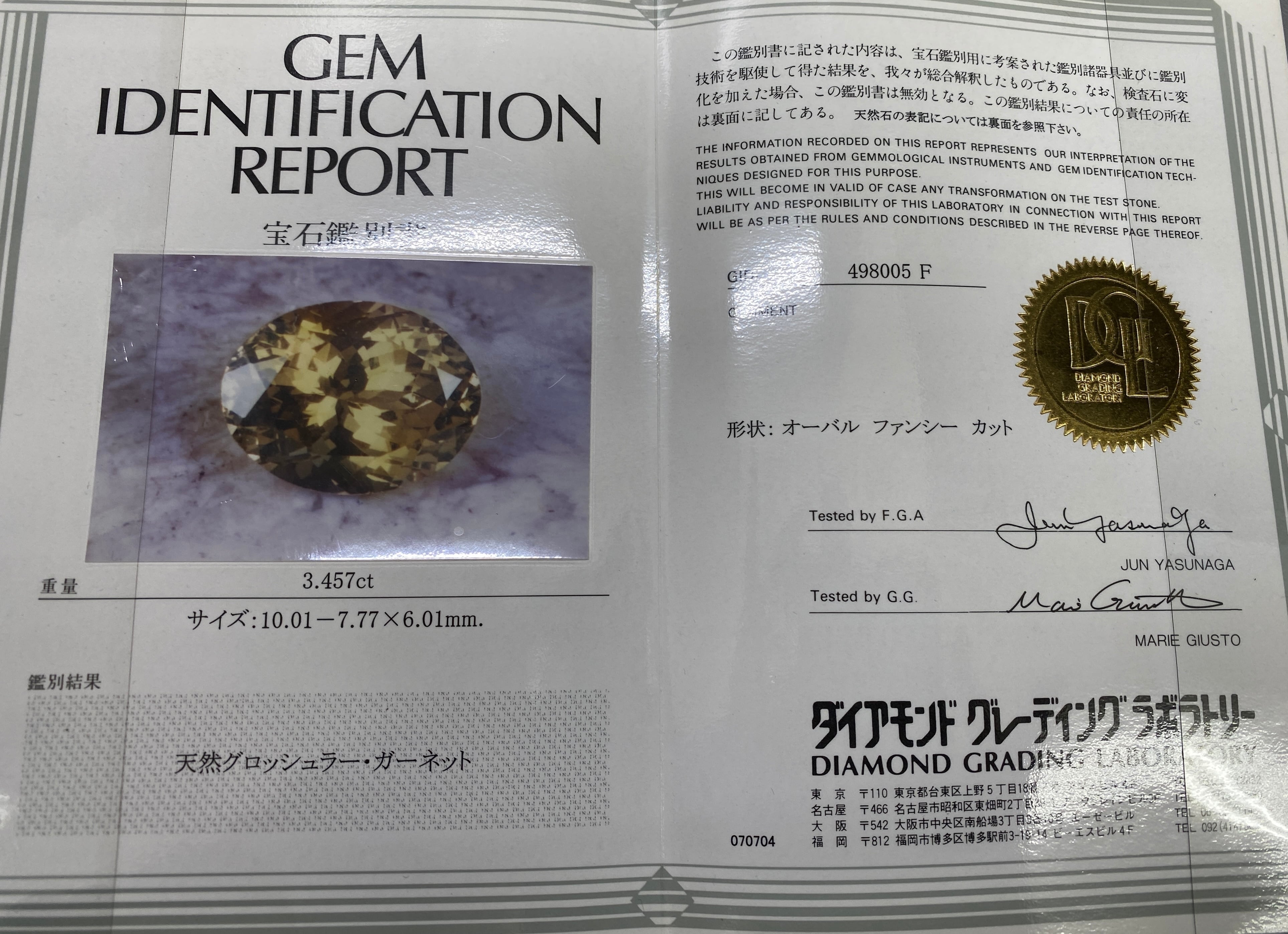 クロシュラーガーネット　3.457ct　鑑別書有　緑色　CA-024
